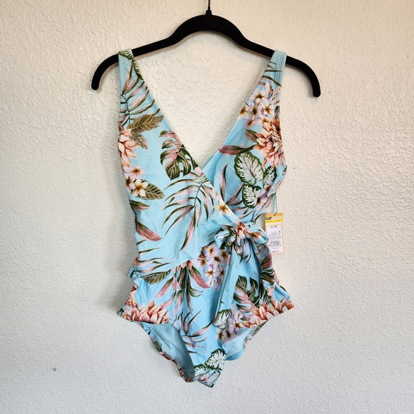 Kona Sol Women's Wrap-Front One Piece Floral Tropical Swimsuit - Picture 3 of 9